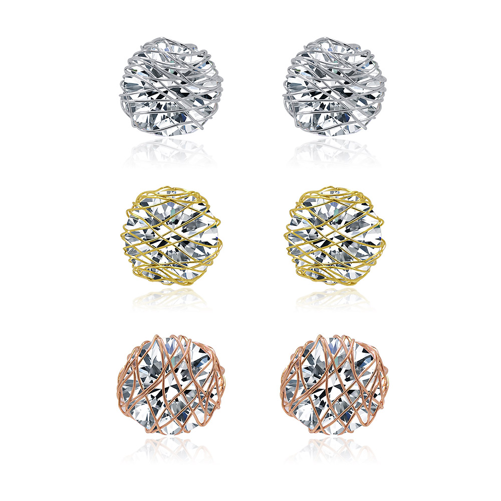 Three Pair Round Wire CZ Stud Earrings Set